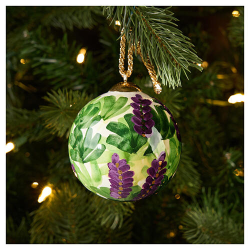Christmas Ball Purple Flowers Green Leaves Hand-painted, 8 cm Dellarte Ceramics 2