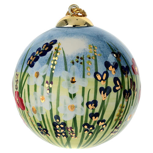 Dellarte Ceramiche Christmas ball with flower meadow on blue background, 4 in, hand-painted 4