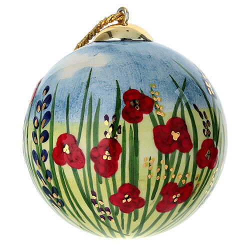 Pallina Dell'Arte Ceramiche natalizia prato fiorito su fondo blu 10 cm dipinta a mano 1