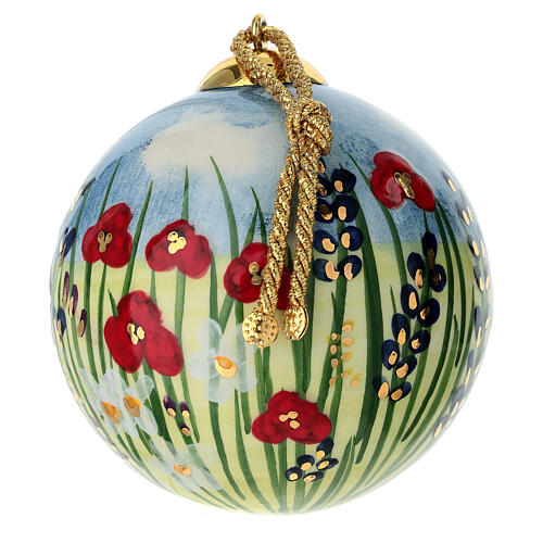Pallina Dell'Arte Ceramiche natalizia prato fiorito su fondo blu 10 cm dipinta a mano 2