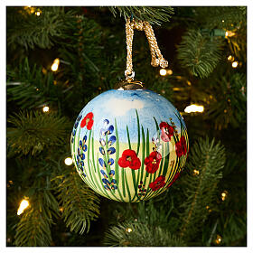 Christmas Ball Floral Meadow on Blue Background, 10 cm Hand-Painted Dellarte Ceramics
