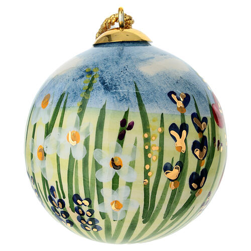 Addobbo albero natale Dell'Arte Ceramiche fiori rossi e dettagli dorati 8 cm dipinta a mano 3