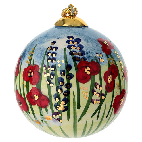 Ozdoba choinkowa Dellarte Ceramiche, czerwone kwiaty i złote zdobienia, 8 cm, ręcznie malowana 1
