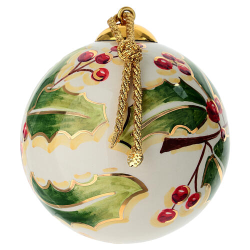 Hand-painted Christmas ball by Dellarte Ceramiche, green holly and red berries, 4 in 3