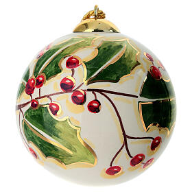Pallina Dellarte Ceramiche natalizia agrifoglio verde bacche rosse 10 cm dipinta a mano