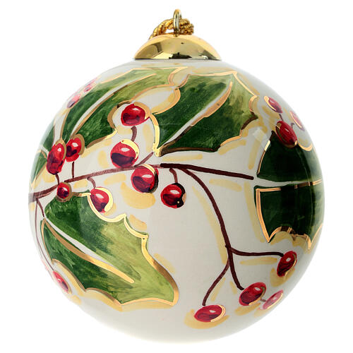 Bola de Natal Dellarte Ceramiche azevinho verde bagas vermelhas 10 cm pintada à mão 1