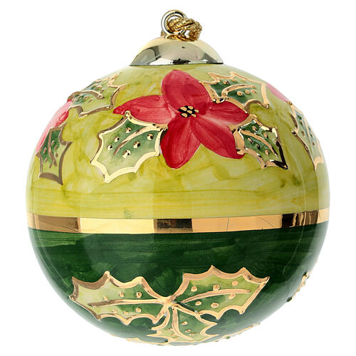 Keramikkugel, rund, Weihnachtsstern- und Stechpalmenmotiv auf olivgrünem Grund, 10 cm, handbemalt – Dellarte Ceramiche 1