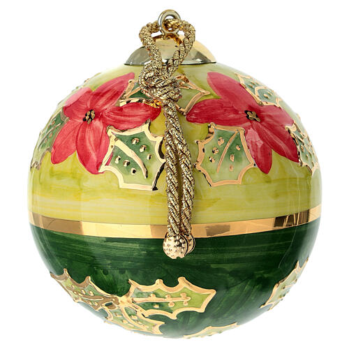 Keramikkugel, rund, Weihnachtsstern- und Stechpalmenmotiv auf olivgrünem Grund, 10 cm, handbemalt – Dellarte Ceramiche 3