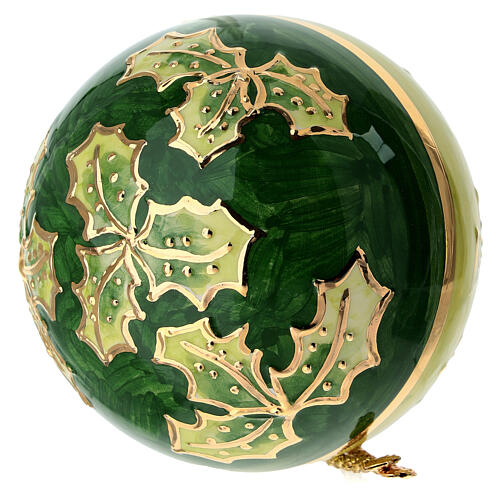 Bombka świąteczna, Dellarte Ceramiche, zielona z gwiazdami i ostrokrzewem, 10 cm, ręcznie malowana 4