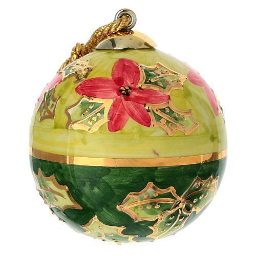 Keramikkugel, rund, Weihnachtsstern- und Stechpalmenmotiv auf grünem Grund, 8 cm, handbemalt – Dellarte Ceramiche 1