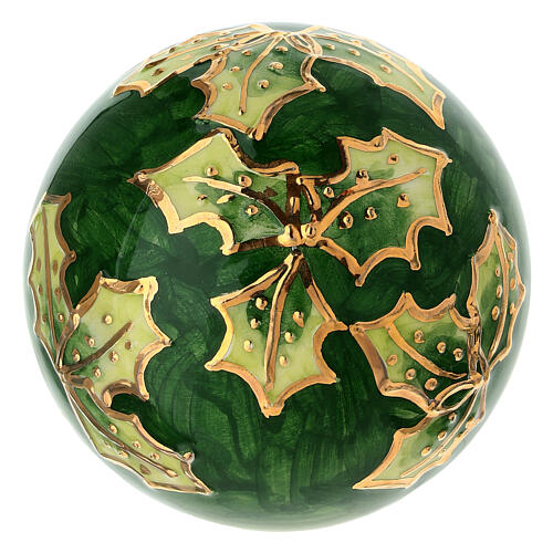 Pallina albero Natale agrifoglio fondo verde Dell'Arte Ceramiche dipinta a mano 8 cm 3