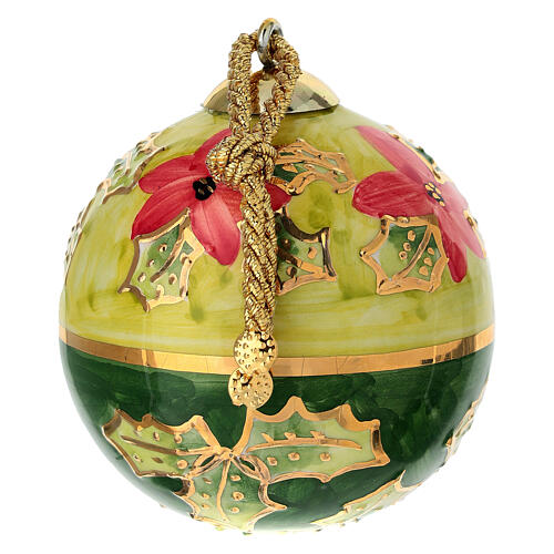 Bombka z motywem ostrokrzewu, zielone tło, Dellarte Ceramiche, ręcznie malowana, 8 cm 3