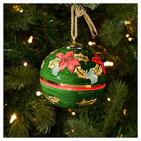 Dellarte Ceramiche Christmas tree ball, 4 in, hand-painted poinsettias and gold band