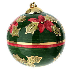 Bola para árvore de Natal Dellarte Ceramiche poinsétias vermelhas e faixa ouro 10 cm pintada à mão