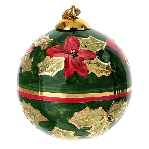 Bombka Dellarte Ceramiche, zielone tło z czerwono‑złotymi paskami, 8 cm, ręcznie malowana 1