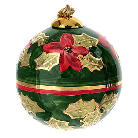 Bola de Natal Dellarte Ceramiche fundo verde riscas vermelho ouro 8 cm pintada à mão