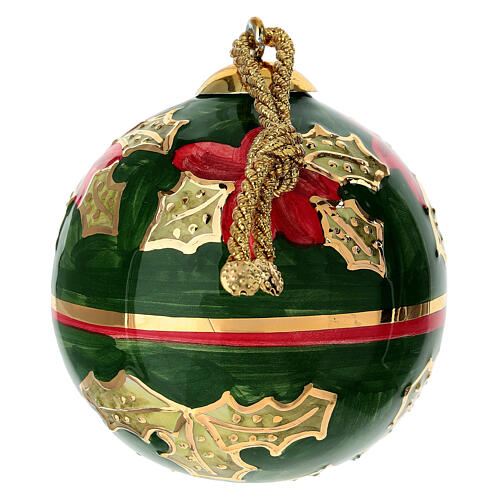 Bola de Natal Dellarte Ceramiche fundo verde riscas vermelho ouro 8 cm pintada à mão 3