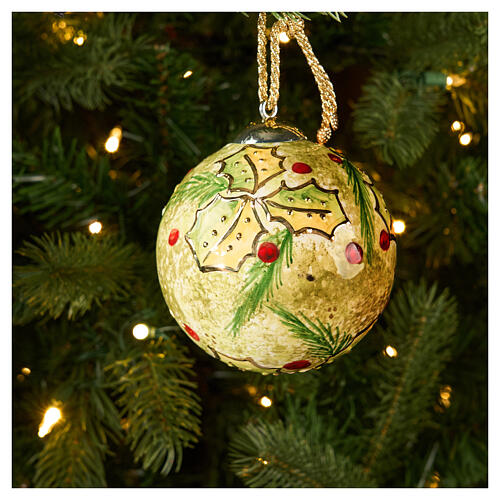 Dellarte Ceramiche hand-painted bauble with holly and tree branches, sfumato effect, 4 in 2