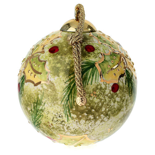 Dellarte Ceramiche hand-painted bauble with holly and tree branches, sfumato effect, 4 in 3
