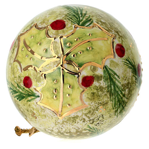 Pallina Dellarte Ceramiche 10 cm dipinta a mano con agrifoglio e albero di Natale effetto sfumato 4
