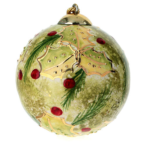 Bombka Dellarte Ceramiche, 10 cm, ręcznie malowana z motywem ostrokrzewu i choinki, efekt cieniowania 1