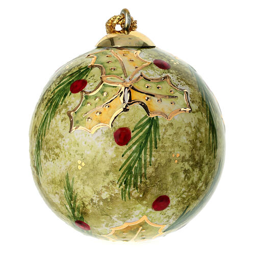 Pallina natalizia agrifoglio rami di pino oro 8 cm dipinta a mano Dell'Arte Ceramiche 1