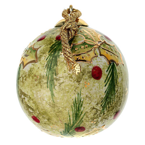 Bola Natalícia azevinho dourado ramos de pinheiro 8 cm pintada à mão Dellarte Ceramiche 3