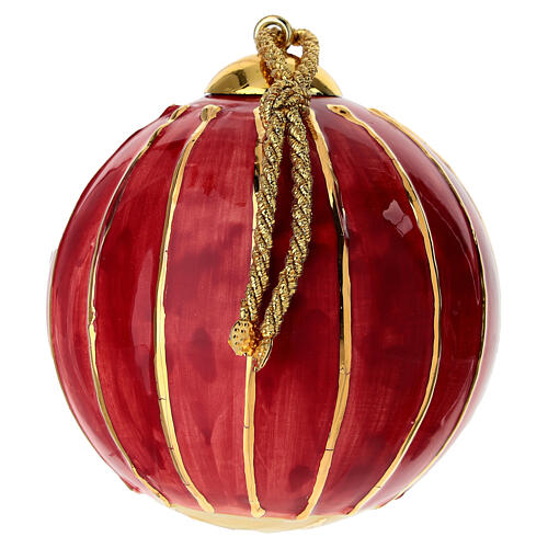 Sphère Dellarte Ceramiche arbre de Noël rayé or sur fond rouge 10 cm peinte à la main 3