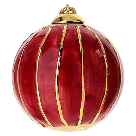 Striped Gold Christmas Tree Ceramic Ball 10 cm Hand-Painted Red Background, Dellarte Ceramic