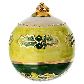 Pallina Natalizia Dell'Arte Ceramiche agrifoglio fondo avorio striscia verde oro 8 cm dipinta mano