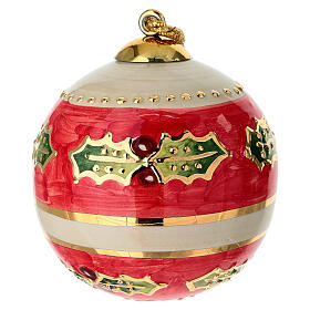 Sfera albero Natale Dell'Arte Ceramiche rossa avorio con agrifoglio 8 cm dipinta a mano 