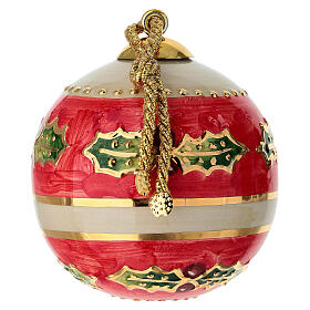 Sfera albero Natale Dell'Arte Ceramiche rossa avorio con agrifoglio 8 cm dipinta a mano 
