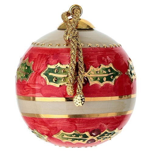 Sfera albero Natale Dell'Arte Ceramiche rossa avorio con agrifoglio 8 cm dipinta a mano  2