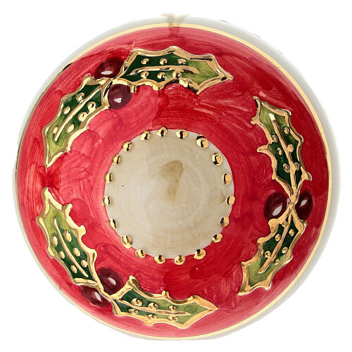 Sfera albero Natale Dell'Arte Ceramiche rossa avorio con agrifoglio 8 cm dipinta a mano  3