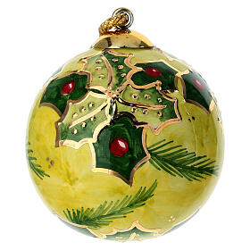 Boule de Noël Dellarte Ceramiche fond vert houx baies rouges 80 cm peinte à la main