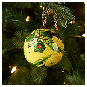 Sfera albero Natale Dellarte Ceramiche fondo verde agrifoglio bacche rosse 80 cm dipinta mano