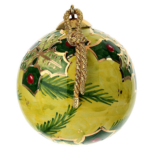 Sfera albero Natale Dellarte Ceramiche fondo verde agrifoglio bacche rosse 80 cm dipinta mano 3