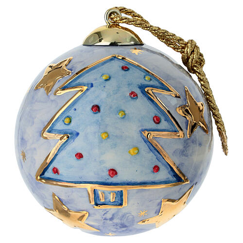 Palla Dellarte Ceramiche Natale sfondo blu con stelle oro 10 cm dipinta a mano 4