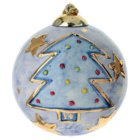 Bola de Natal Dellarte Ceramiche fundo azul estrelas douradas 10 cm pintada à mão