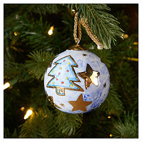 Dellarte Ceramiche Christmas bauble, blue with hand-painted golden tree and stars, 3 in