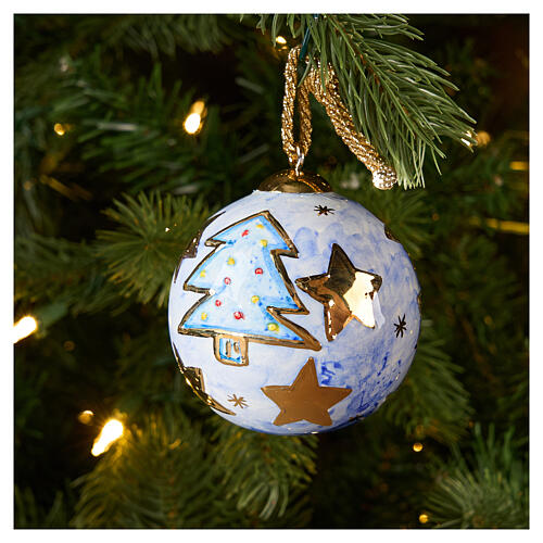 Dellarte Ceramiche Christmas bauble, blue with hand-painted golden tree and stars, 3 in 2