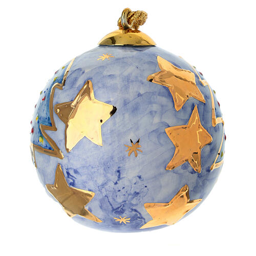 Esfera Dellarte Ceramiche árbol de Navidad azul arbolito y estrellas oro 8 cm pintada a mano 4