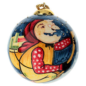 Pallina Dell'Arte Ceramiche albero Natale smaltata Befana su sfondo blu 10 cm dipinta mano