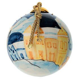 Pallina Dell'Arte Ceramiche albero Natale smaltata Befana su sfondo blu 10 cm dipinta mano