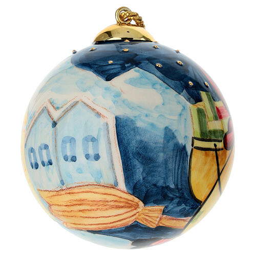 Pallina Dell'Arte Ceramiche albero Natale smaltata Befana su sfondo blu 10 cm dipinta mano 3