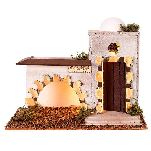 Taberna estilo árabe cortiça com luz para presépio com figuras altura média 6-8 cm, medidas 15x20x10 cm 5