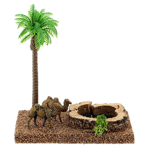 Oaza z wielbłądami i palmą, scenografia do szopki 8 cm 1