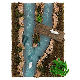 Trecho de rio com ponte e animais para presépio altura média 6-8 cm, medidas: 12x26x18 cm