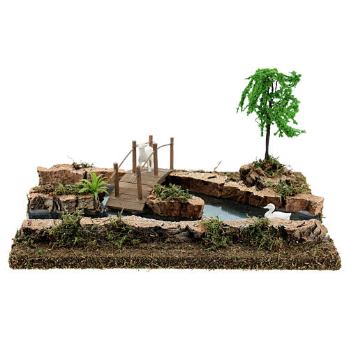 Trecho de rio com ponte e animais para presépio altura média 6-8 cm, medidas: 12x26x18 cm 1