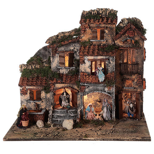 Complete Neapolitan Nativity Scene red bricks sheeps lights and fountain 45x50x30 cm for figurines of 8 cm average height 1